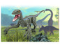 Un jouet de dinosaure, un velociraptor bleu, avec d'autres dinosaures en arrière-plan.