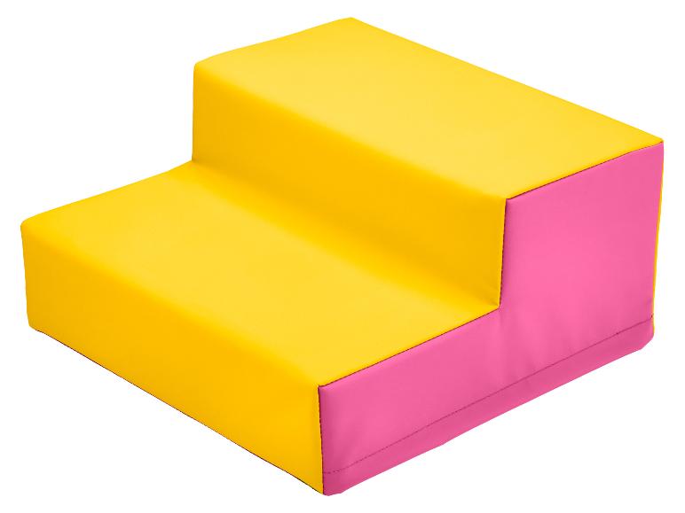 Escalier en mousse à deux marches jaune et rose pour enfants.