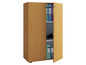 Une armoire en bois avec les portes ouvertes, contenant des classeurs et des chaussures.