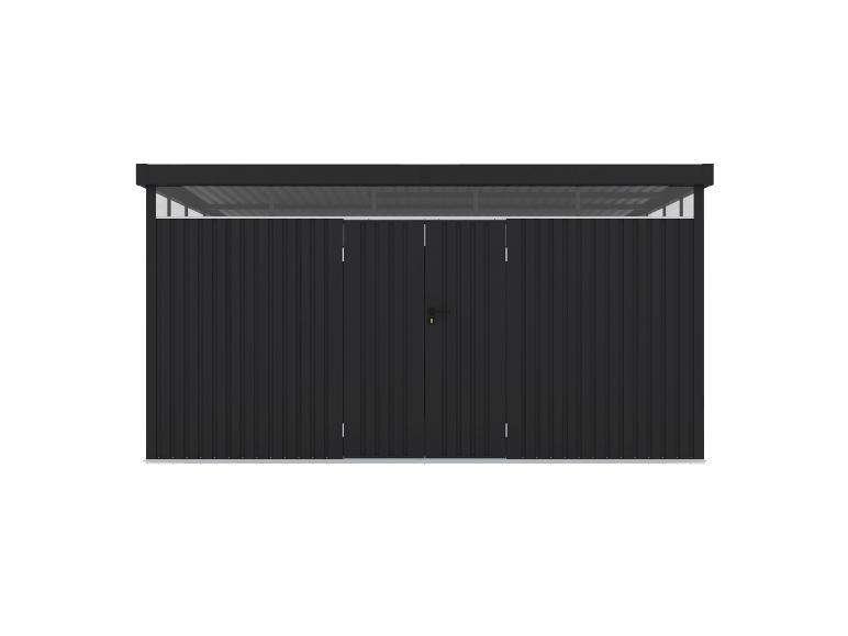 Abri de jardin noir avec doubles portes et panneau supérieur translucide.