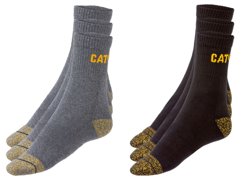Trois paires de chaussettes Caterpillar grises et noires.