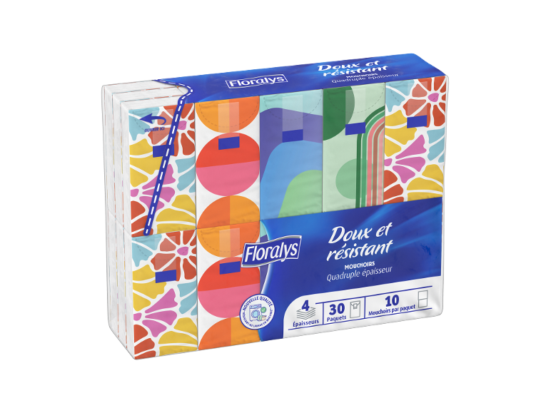 Paquet de 30 paquets de mouchoirs 4 épaisseurs, doux et résistants, 10 par paquet.
