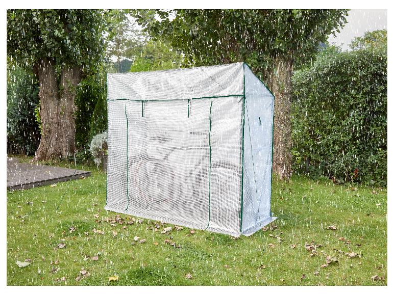 Une serre transparente dans un jardin avec des arbres et de l'herbe, sous la pluie.