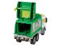 Un camion à ordures en plastique vert avec la benne ouverte.