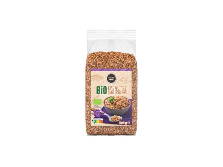 Épeautre décortiqué bio en paquet de 500g, avec Nutri-Score A.