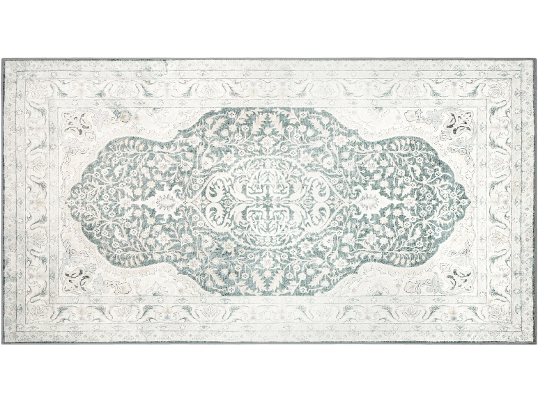 Tapis rectangulaire avec un motif médaillon floral traditionnel délavé, sarcelle et blanc cassé.