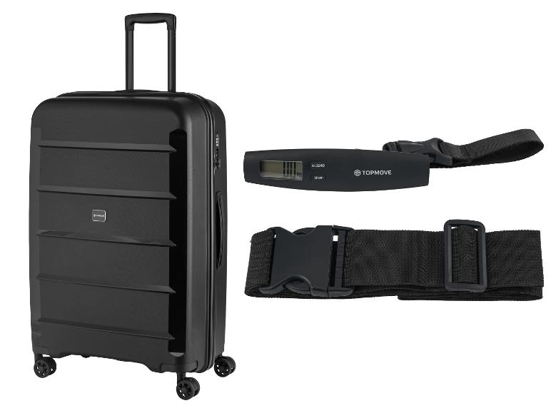 Valise noire avec pèse-bagages et sangle intégrés.