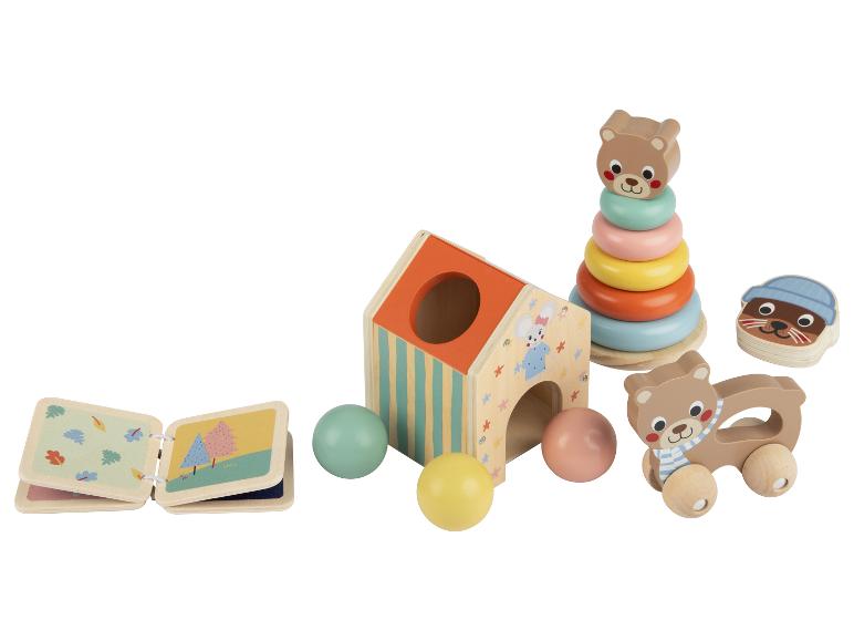 Ensemble de jouets en bois pour bébé comprenant une maison, une tour à empiler et une voiture ours.