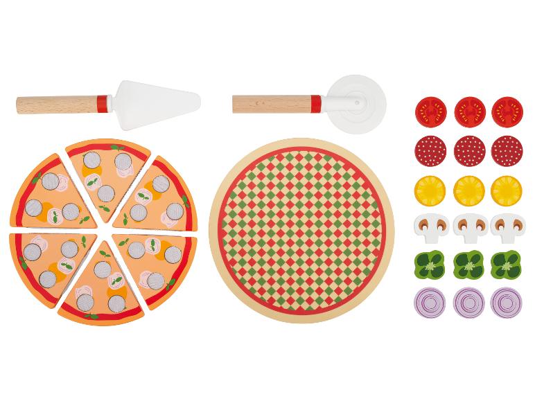 Ensemble de jeu de pizza en bois avec garnitures et outils de service.