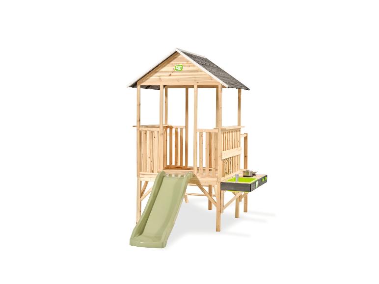 Maison de jeu en bois avec toboggan et cuisine de boue