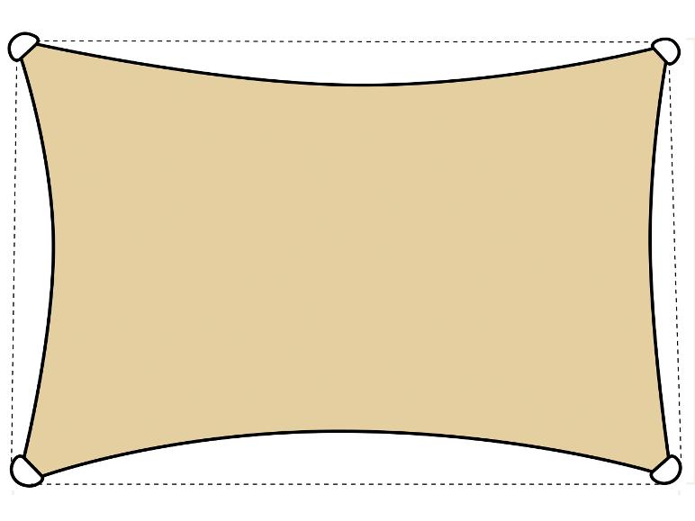 Voile d'ombrage rectangulaire beige avec bords incurvés et anneaux de fixation.