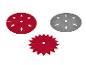 Trois jupes de sapin de Noël : deux rondes (rouge, grise) avec des arbres découpés, une rouge dentelée.