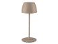 Lampe de table sans fil beige avec base ronde et abat-jour conique.