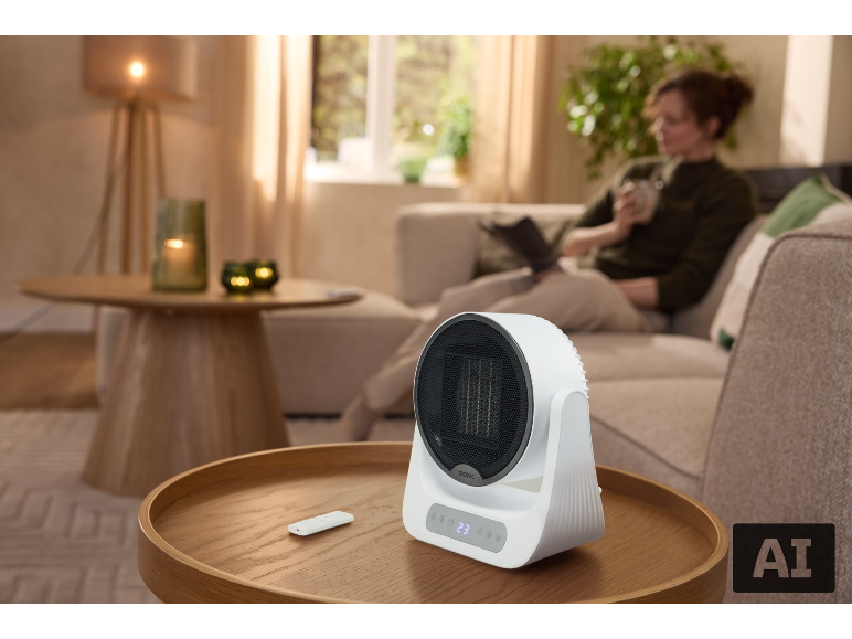 Chauffage de table blanc avec télécommande dans un salon confortable.