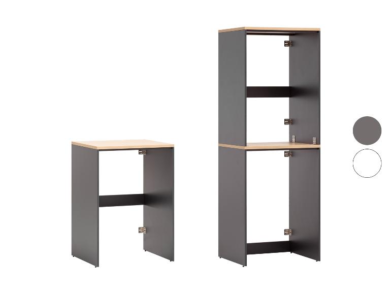 Étagères modulaires : une basse et une haute composée de deux modules en gris et imitation bois.
