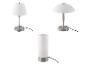 Trois lampes de table modernes avec abat-jour blancs et bases en métal brossé.