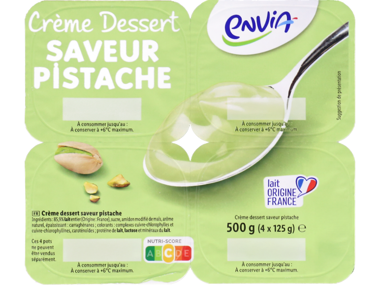 Crème dessert saveur pistache, 500g (4 x 125g), avec lait origine France.