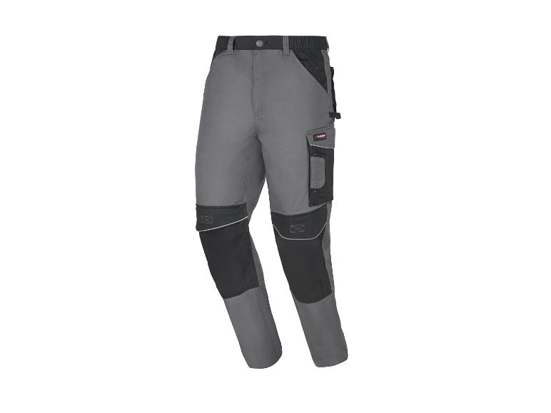 Pantalon de travail Parkside pour homme en gris et noir avec plusieurs poches et renforts aux genoux.