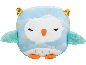 Peluche hibou bleu clair avec des oreilles dorées et un motif d'étoiles.