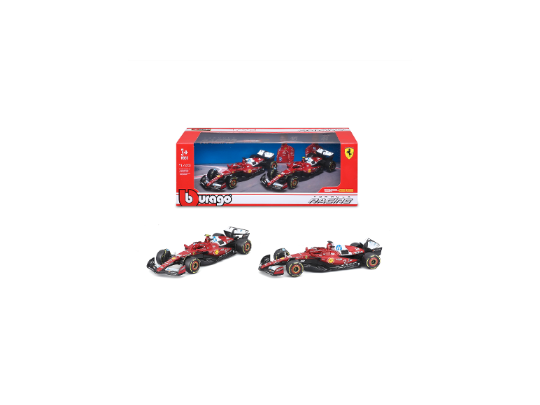 Deux voitures de course rouges miniatures, une en boîte, les deux autres hors boîte, échelle 1:43.