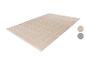 Tapis rectangulaire beige avec motif géométrique blanc, avec échantillons de couleur