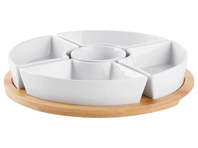 Ensemble de bols en porcelaine blanche avec base en bambou