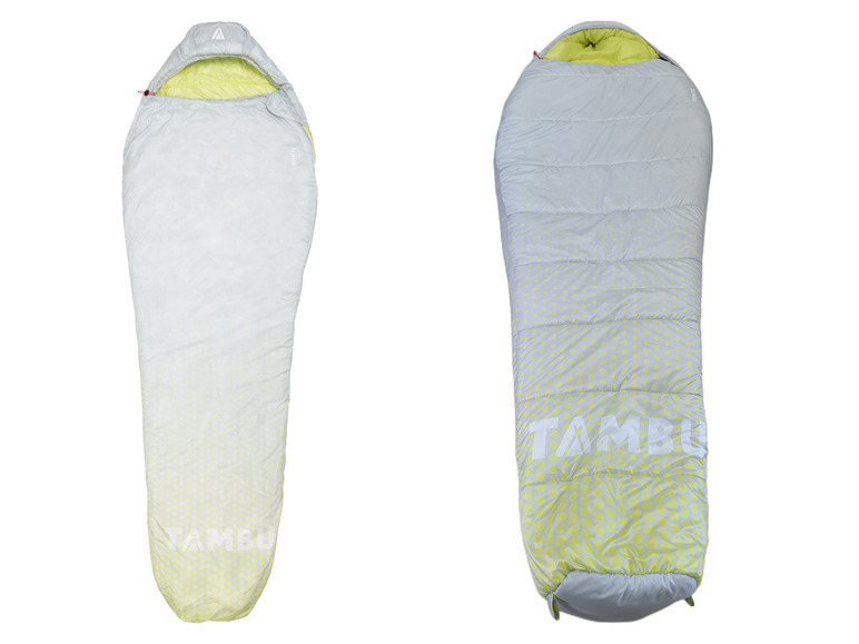 Deux sacs de couchage gris avec des points jaunes et la marque Tambu.