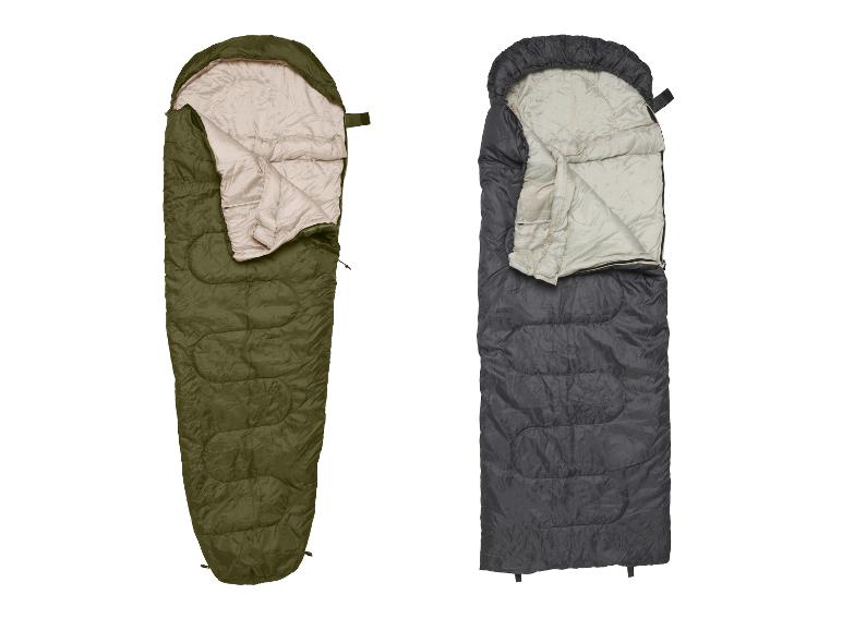 Deux sacs de couchage: un vert olive et un gris, tous deux ouverts avec un intérieur clair.