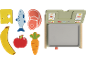 Aliments jouets en bois : fromage, poisson, steak, banane, pomme, carotte et une balance jouet.