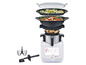 Un robot de cuisine multifonction avec panier vapeur, plaque de cuisson et accessoires.