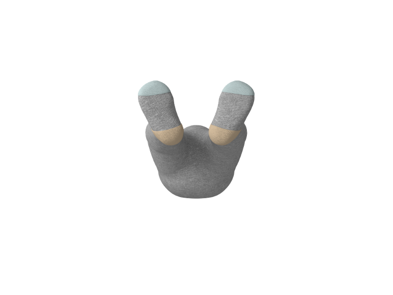 Chaussettes grises avec des détails bleus et beiges, vue de dessus.