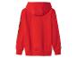 Sweat-shirt rouge à capuche avec impression colorée sur une manche.