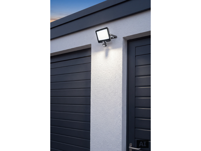 Projecteur LED extérieur avec détecteur de mouvement monté au-dessus du garage.