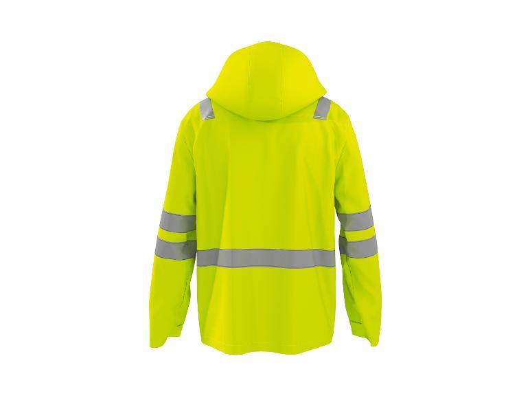 Veste jaune haute visibilité avec bandes réfléchissantes, vue arrière.
