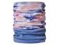 Bandana tubulaire à imprimé floral rose et violet, avec section inférieure en polaire bleue.