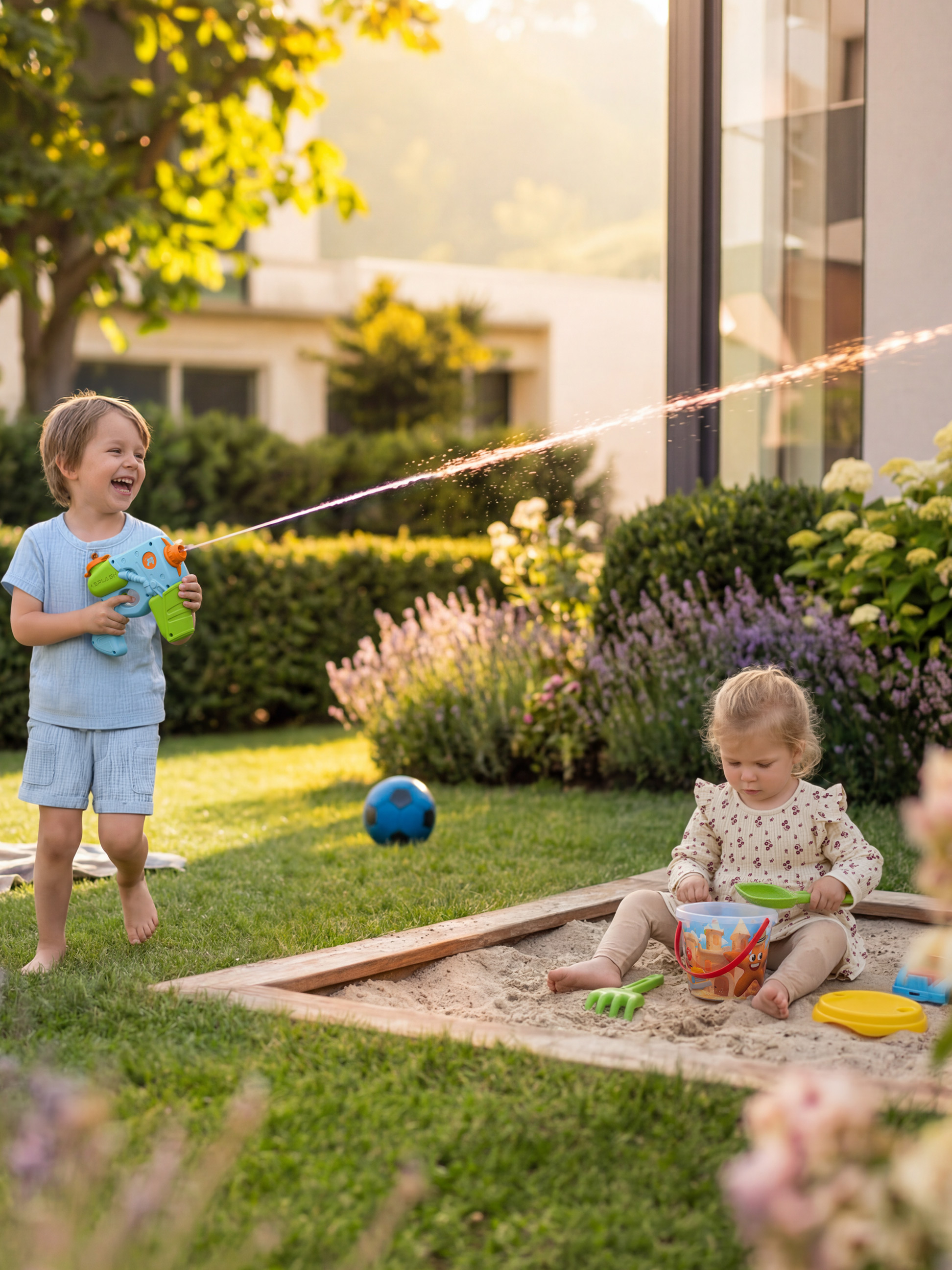 Enfants jouant avec un pistolet à eau et dans un bac à sable dans le jardin.
