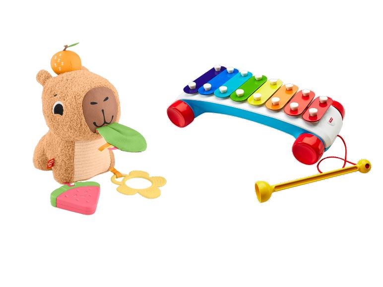 Peluche singe avec fruits et xylophone coloré avec maillet pour enfants.