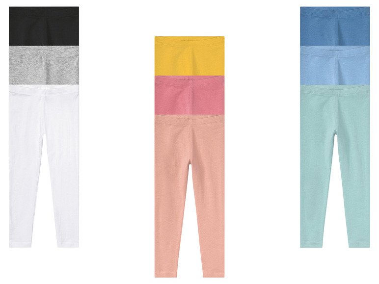 Leggings noires, grises, blanches, jaunes, roses et bleues.