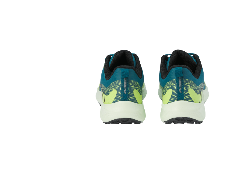 Une paire de chaussures de sport sarcelle et vert lime vues de dos.