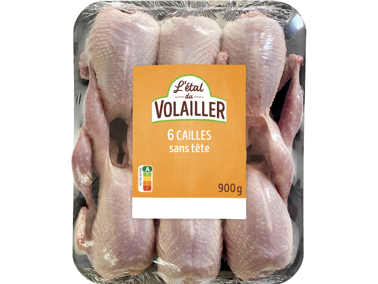 Paquet de 6 cailles sans tête L'étal du Volailler, 900g, avec Nutri-Score A.