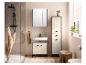 Salle de bain moderne avec douche, lavabo, armoire à miroir et meuble de rangement beige et noir.