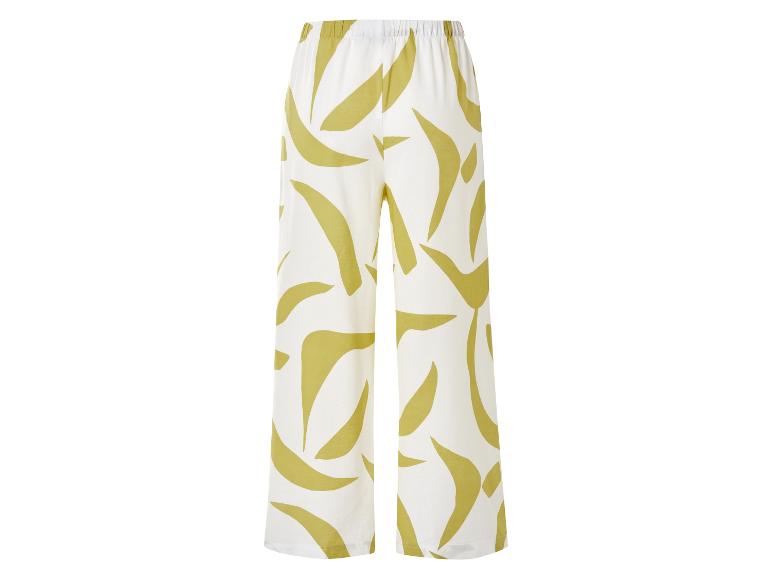 Pantalon large à imprimé abstrait, couleur crème et vert olive.
