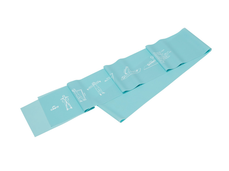 Un bande de résistance bleue Crivit avec des exercices.