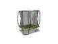Trampoline rectangulaire avec filet de sécurité et coussin de protection vert.