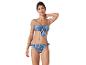 Maillot de bain bleu à motif cachemire : haut bandeau noué et bas taille basse.