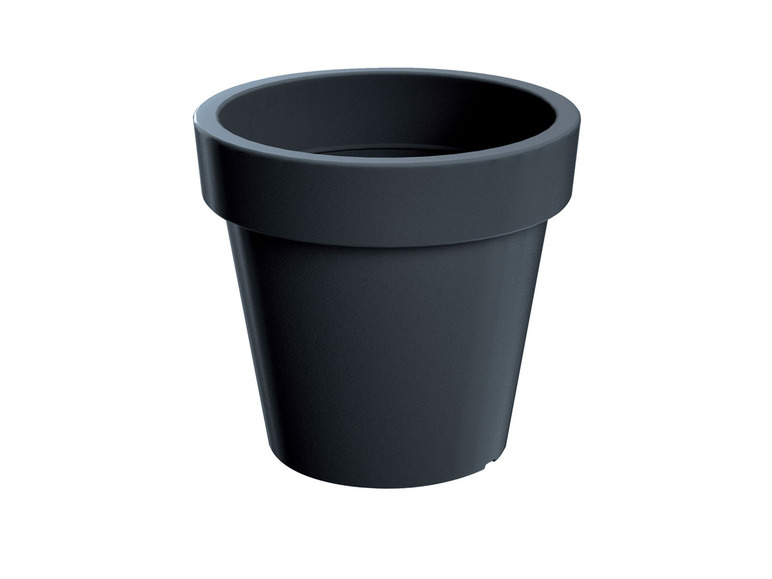 Un pot de fleurs en plastique gris foncé.
