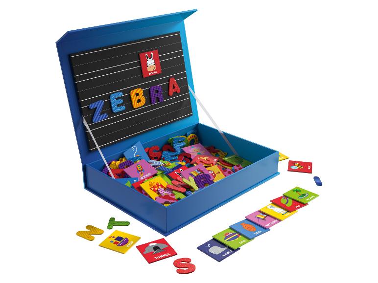 Jeu éducatif avec lettres et images magnétiques, tableau noir inclus.