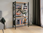 Une étagère en bois avec des pieds en métal noir, remplie de livres et d'objets décoratifs.