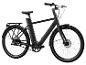 Un vélo électrique noir avec une transmission par courroie.