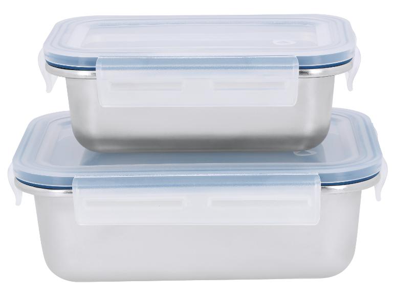 Deux récipients alimentaires rectangulaires en acier inoxydable avec couvercles transparents